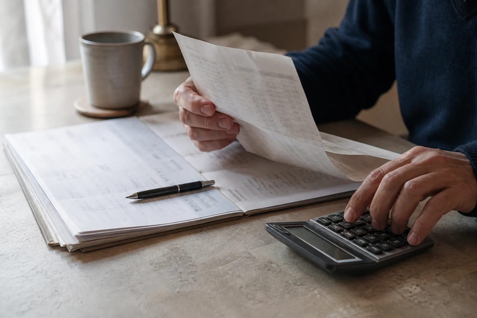 Hands comparing a printed bank statement with a ledger beside a desk calculator