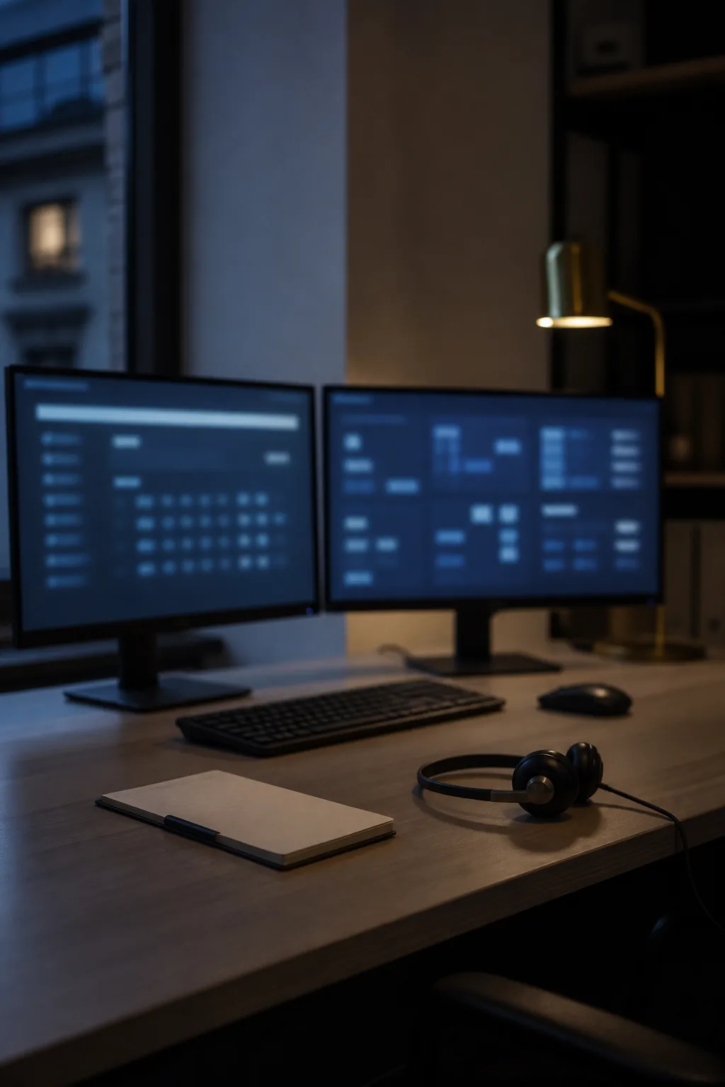 A quiet operations desk with two softly blurred monitors, a notebook and headset