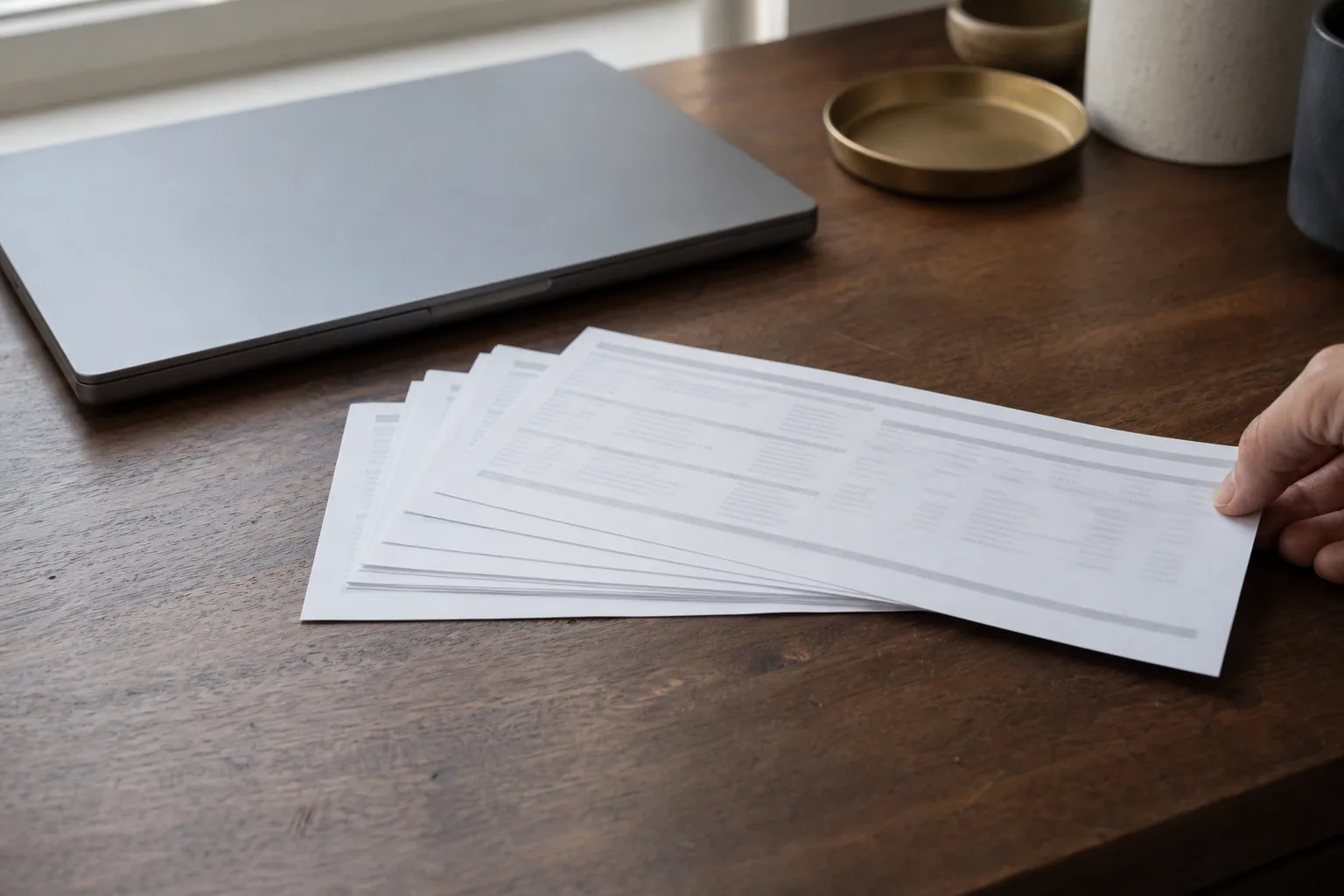 A hand squaring a fanned stack of blurred payslips beside a closed laptop